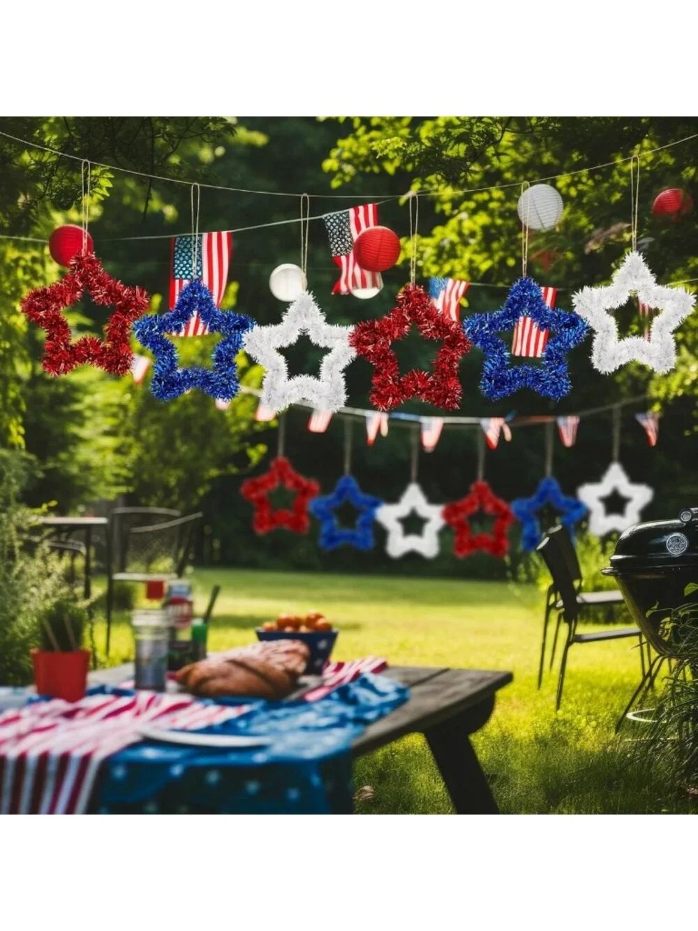 Patriotic 4th of July Wreath for Front Door - 12 Pcs Star Tinsel Decor